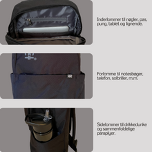 Indlæs billede til gallerivisning Miljøvenlig sort rygsæk af genanvendt plastik. Den har inderlommer, sidelommer og forlommer til alle dine ting.